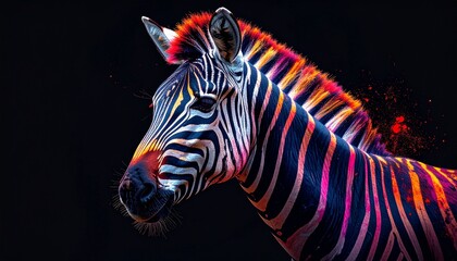 Fototapeta premium a colorful zebra with a black background and a red spot in the middle of the picture is a black background with a red spot in the middle of the zebra's head.