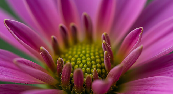 Macro shot of a purple daisy showing a vibrant yellow center and delicate petals