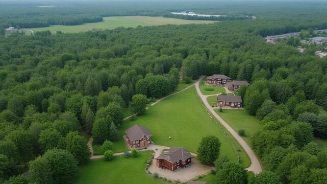 Aerial view of green woods and village houses, Russia