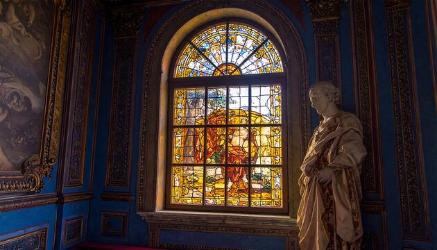 A stately room showcases a stained-glass window, illuminated by natural light, and a classical statue, imbued with rich blue and gold d?cor.