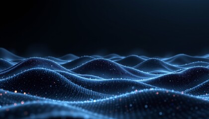 Dynamic wavy digital landscape of light particles abstract environment high-tech visualization futuristic viewpoint