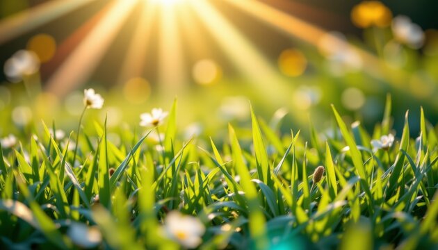 Sunlit meadow with blooming daisies nature scene outdoor environment close-up perspective spring vibes