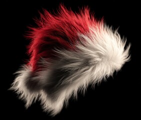 Fluffy Santa hat with red and white fur, isolated on black. Festive and cozy holiday season mood