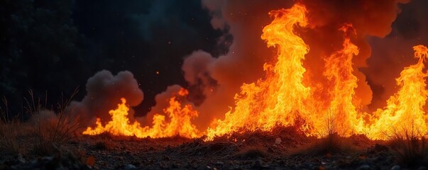 Intense, raging inferno consuming dry brush, creating a dramatic display of fire and smoke  The vibrant orange and yellow flames leap high against a dark background ,  intense,  smoke