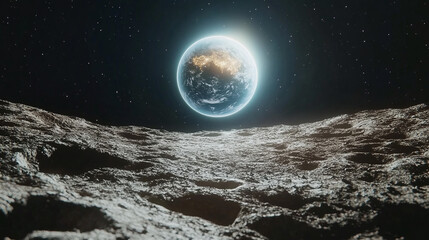 Close-up of Earth rising over the Moon’s horizon with detailed lunar soil in foreground and glowing Earth in deep space