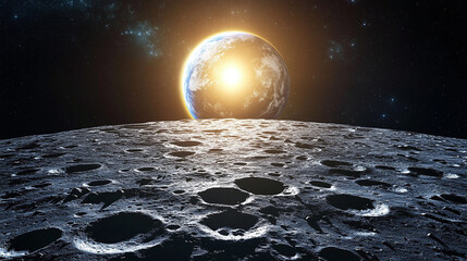 Close-up of Moon’s cratered surface with shadows, as Earth hangs majestically in the background illuminated by the Sun