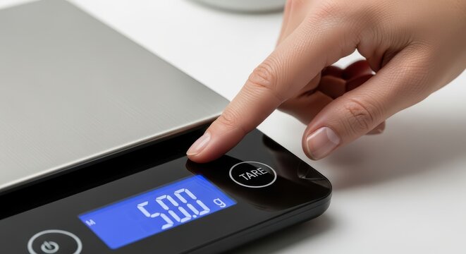 Close-up of hand adjusting digital kitchen scale with tare function displaying 500 grams