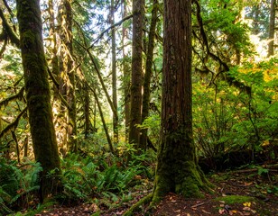 Fototapeta premium Lush forest floor bathed in sunlight