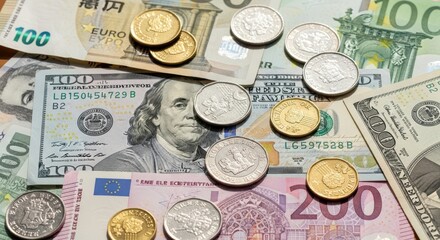 Diverse currency spread featuring euro, dollar, and pound coins and banknotes