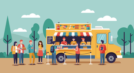 This minimalist flat design vector illustration shows a vibrant food truck serving delicious treats to happy festival-goers at an outdoor music event