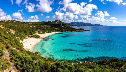Obraz premium Panoramic view of a pristine beach with turquoise water and lush vegetation
