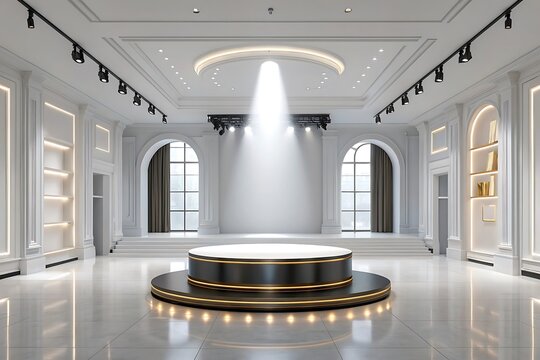 Modern exhibition hall with spotlighted podium and architectural details gallery museum