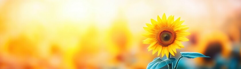 Obraz premium Vibrant sunflower in full bloom with bright yellow petals and a dark center set against a blurred warm background showcasing nature's colorful beauty and serenity
