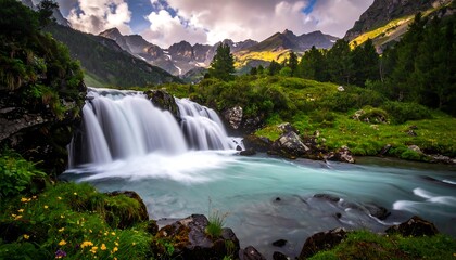 Fototapeta premium Mountain waterfall cascading into a turquoise river