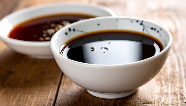 Two bowls of dark sauces on a wooden table