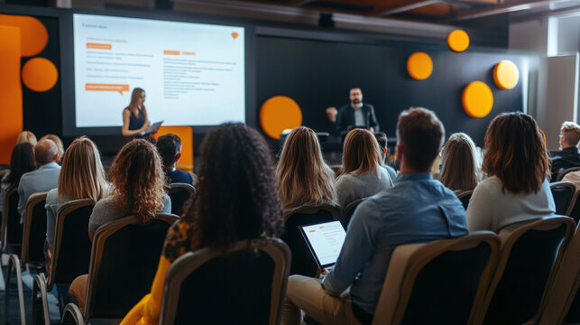 Diverse group attending virtual webinar with animated chat bubbles on screen showing questions and interactions with speaker