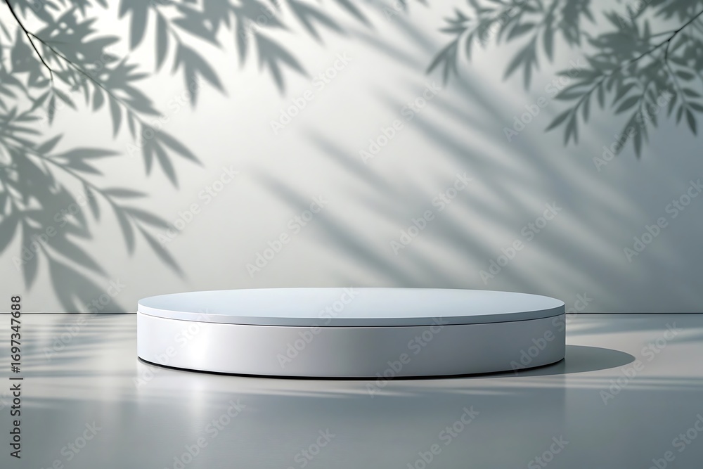 Poster Round white display podium with soft shadows and leaf patterns on a light background Keywords: round podium, white display, leaf shadows, soft shadows, light background, studio, product display