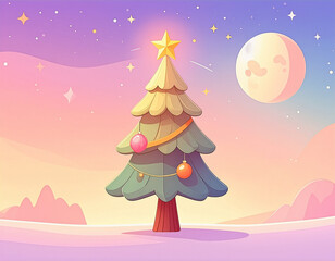 Silhouette of Christmas tree under starry night sky, magical holiday atmosphere