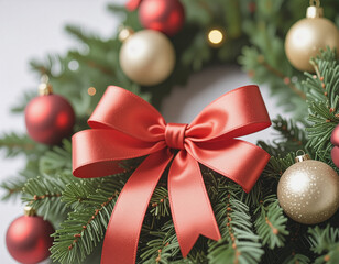 Close-up of Christmas wreath with red ribbon and ornaments, festive decoration