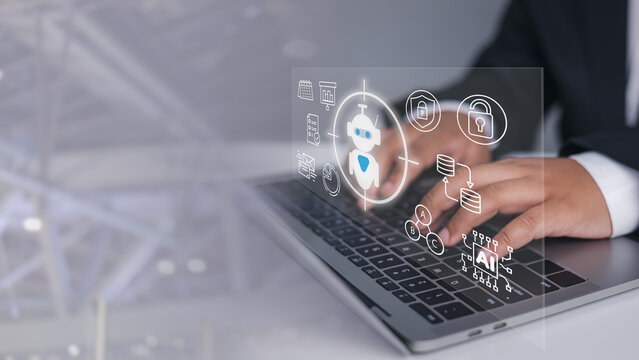 Person using laptop with AI system and futuristic data overlay for artificial intelligence and cybersecurity