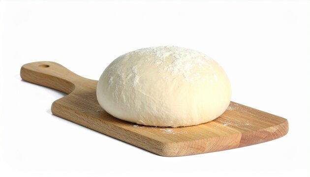 Fresh raw dough for pizza or bread baking on wooden cutting board isolated on white background.