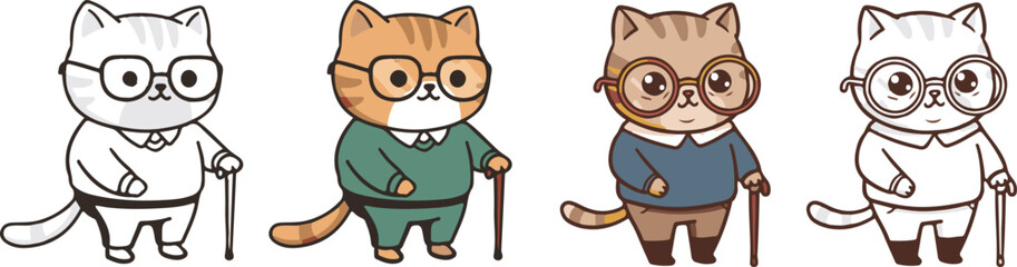 Cute kawaii cat acting like elderly with spectacles, cardigan and cane. International Day of Older Persons