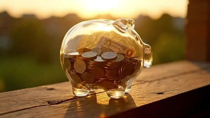 Piggy bank full of golden coins symbolizing savings investment and financial planning on a wooden table during a sunset representing a secure future