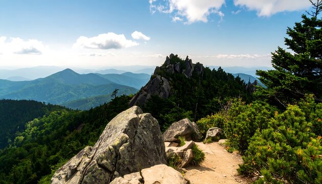 Mountain peak vista. Lush greenery, rocky outcrop, distant hazy range