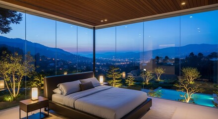 Obraz premium Luxurious Bedroom with Stunning City View at Twilight