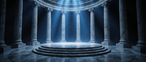 a dramatic greek-inspired stage with ornate pillars and a focused spotlight ideal for a display-all product launch or performance | greek, product display, architecture, ceremony, event theme