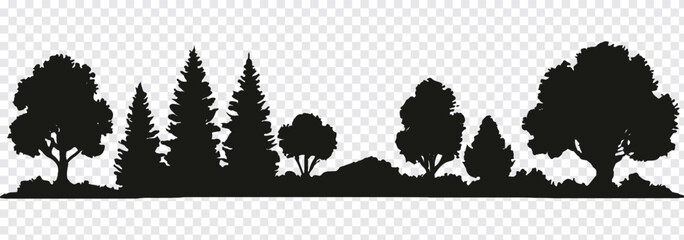 Forest, park, alley. Landscape of isolated trees. Silhouette vector. Tree icon set. Perfect for nature, environment, outdoor landscape, eco design, conservation,and minimalist logo or symbol use.EPS10