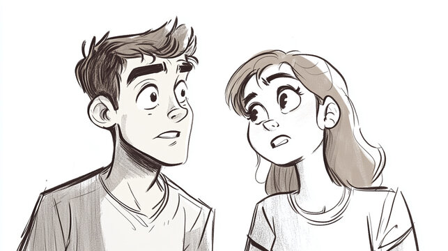 Hand-drawn comic strip showing humorous interaction between two characters, exaggerated expressions, clean ink lines