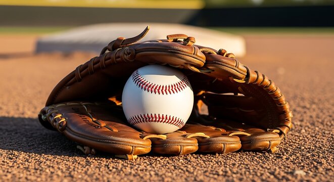 A close-up view of a baseball nestled inside a leather baseball glove, ready for play. - Powered by Adobe