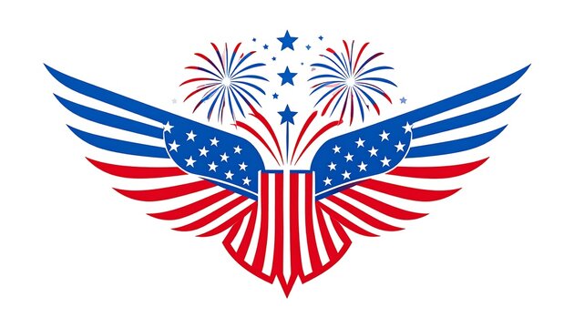 Patriotic emblem with wings and fireworks