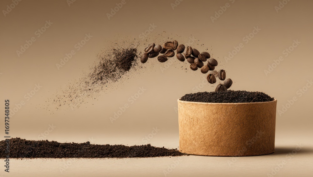 Aufkleber coffee beans cascade into a brown paper container, creating a beautiful display of motion and textur