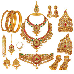 Stunning Indian bridal jewelry set with intricate gold designs, vibrant gemstones, and traditional motifs perfect for weddings.