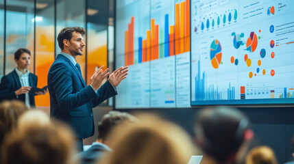 Marketing Team Hosting Live Webinar on Digital Strategies with Main Speaker and Real-Time Audience Feedback Displayed on Screen