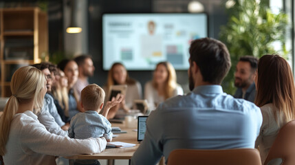 Obraz premium Marketing Team Hosting Live Webinar on Digital Strategies with Main Speaker and Real-Time Audience Feedback Displayed on Screen