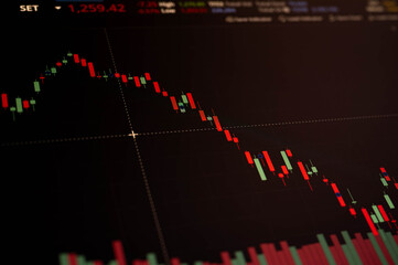 Candlestick chart showing a strong downward trend in financial market, ideal for illustrating stock market crash, investment loss, or economic downturn in business and trading contexts.