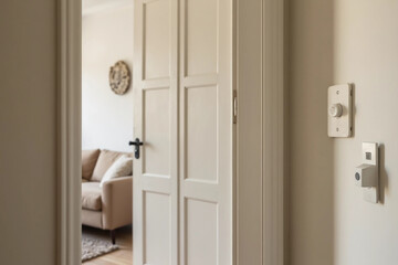 Closed door into a living space in minimalist style. Light switch close to doorframe enhances the room tranquil ambiance. A contemporary apartment with modern interior design.
