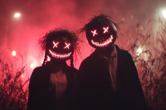 Couple in Creepy Jack-o'-lantern Masks - Halloween Night, Spooky Atmosphere, Red Fog, Mysterious Field - Powered by Adobe