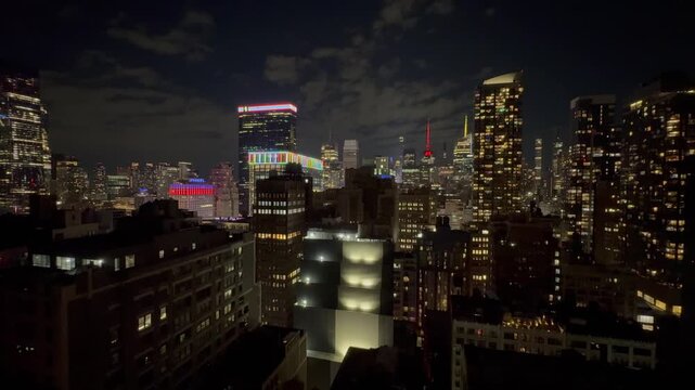 Scenic panoramic aerial Midtown Manhattan vista at night, New York City
