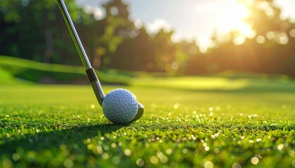 a close-up photo of a golf ball on a tee, with the focus sharp on the ball and blurred background of a morning fairway