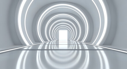 Obraz premium A futuristic white tunnel with glowing rings and a bright light at the end of the passageway
