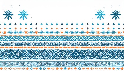 Rustic Tribal Border with Distressed Blue and Orange Geometric Stamped Motifs.