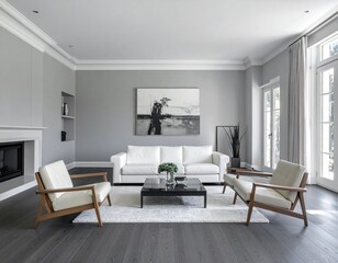 Fototapeta premium A sophisticated and modern living room with gray walls, a white sofa, two wooden armchairs, and a dark hardwood floor.