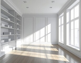 Fototapeta premium Sunlight streams through large windows into an empty, elegant white room with wooden floors and built-in shelving.