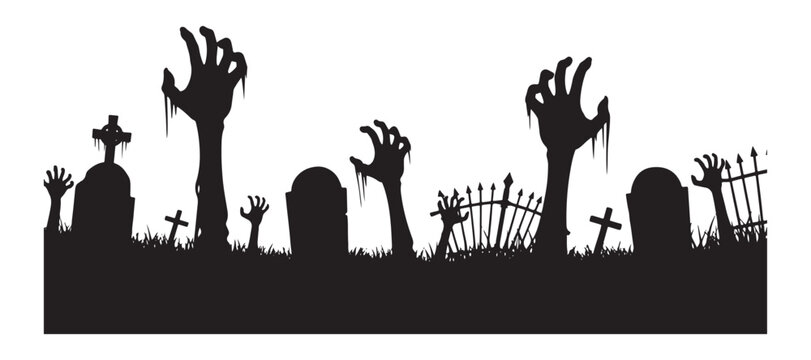 Silhouette of zombie hands. Creepy, crooked zombie lambs protrude from the graveyard soil in this vector illustration collection. Halloween-themed zombie hands. 