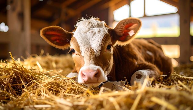 A young calf rests peacefully in a barn, nestled amongst golden straw, displaying a gentle and innocent expression.