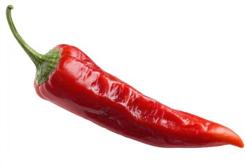 Vivid red chili pepper with a green stem, isolated on a white background. Texture shows slight ridges